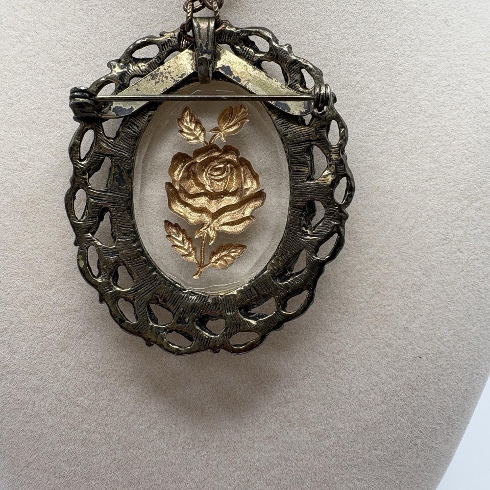 Vintage Reverse Carved Glass Floral Cameo Pendant Victorian Revival Bronze - Picture 2 of 8